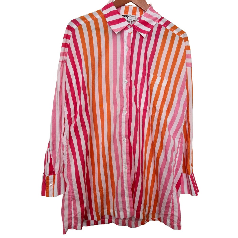 BEACH RIOT Striped Oversized Button Down Shirt Orange Pink White Cotton Women PL